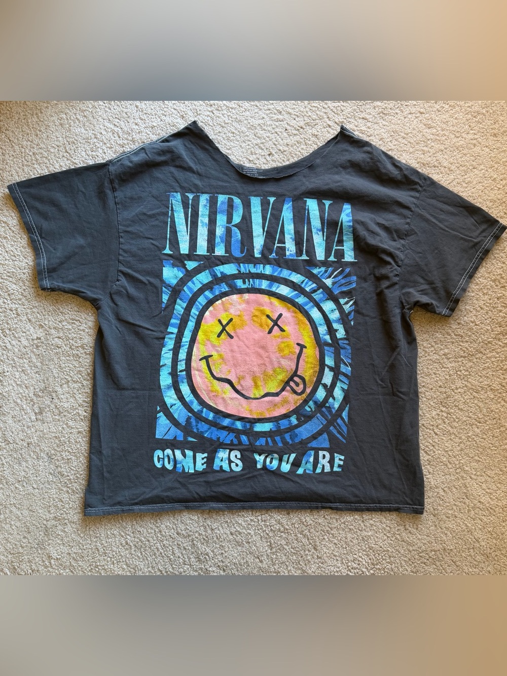 NIRVANA Black Short-Sleeve Tee with Pink & Blue Smiley Graphic